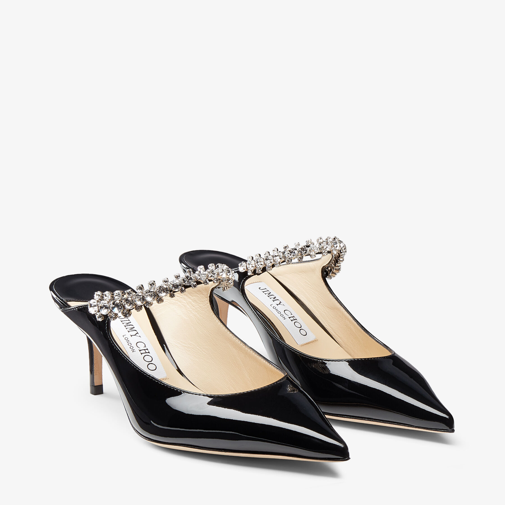 Black Patent Leather Mules with Crystal Strap