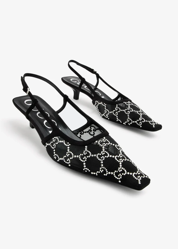 GUCCI Crystal GG Slingback Kitten Heels
