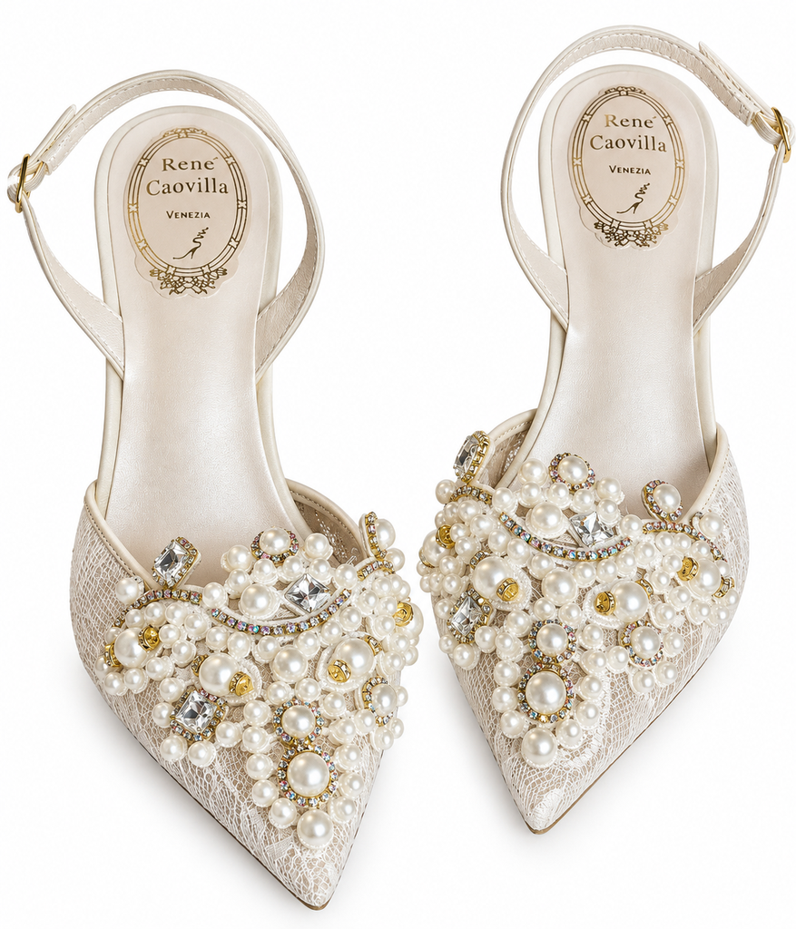 [rena26] Rene Caovilla Crystal Lace Slingback Heels (37, white)