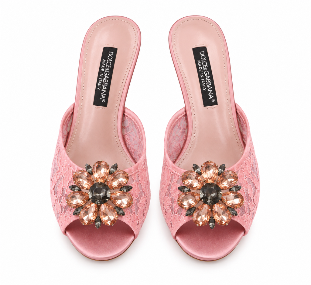 Dolce & Gabbana Pink Crystal Flower Lace Mule (36)