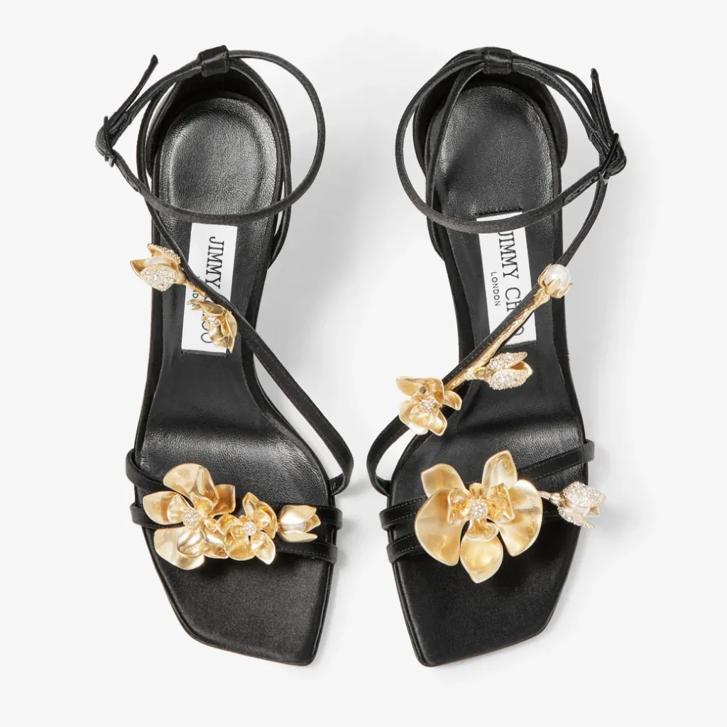 Jimmy Choo Black Satin Sandals with Metal Flowers (37)