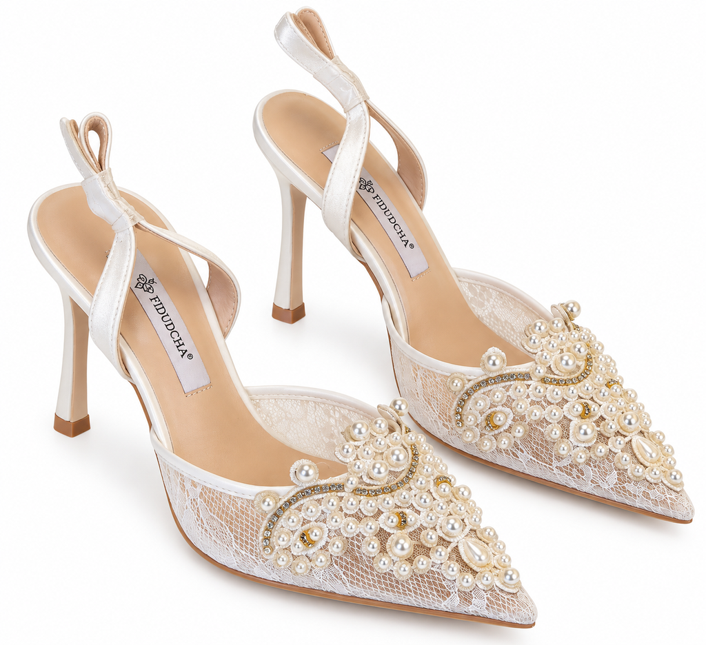 Fidudcha Pearl Lace Slingback Pumps