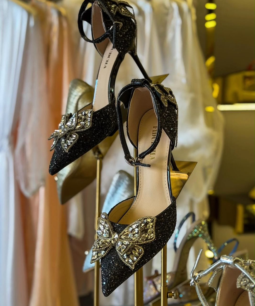 [6992] Fidudcha Crystal Bow Glitter Pumps (36, Black / Crystal)