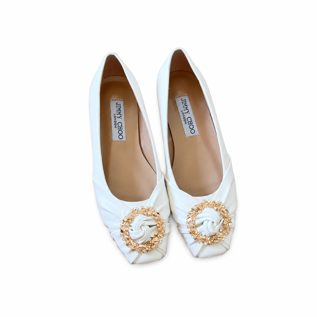 Jimmy Choo Ivory Rosette Crystal Ballet Flats (38)