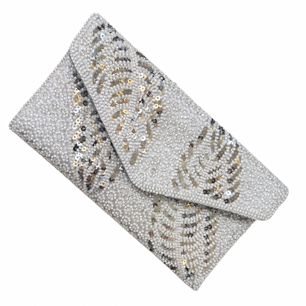 Silver Beaded Leaf-Embroidered Clutch