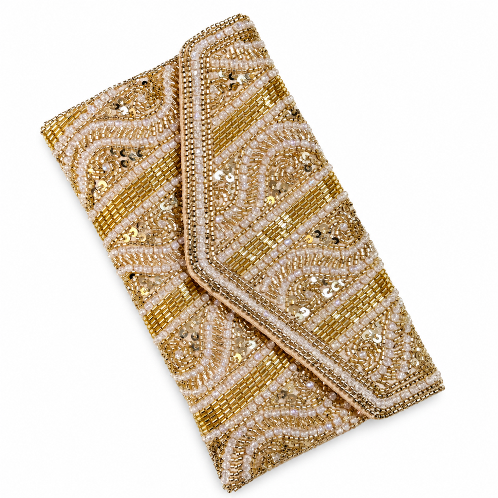 Gold Beaded Leaf-Embroidered Clutch