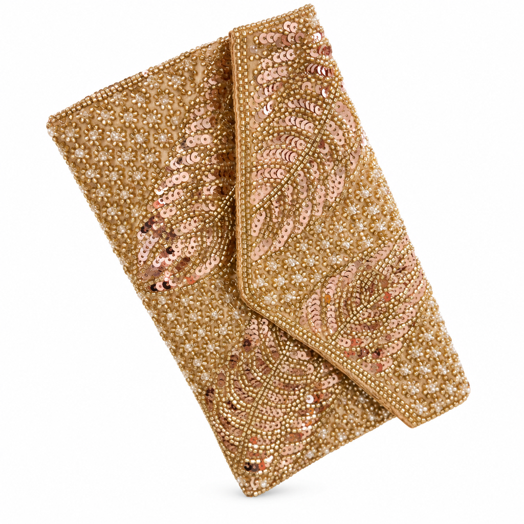 Rose Gold Beaded Leaf-Embroidered Clutch