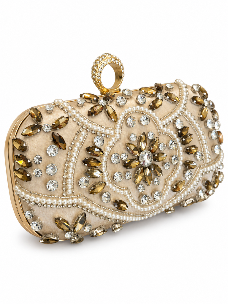 Luxury Crystal and Pearl-Embellished Clutch (Champagne Gold)