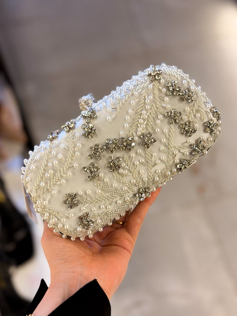 Ivory Pearl & Crystal Embellished Evening Clutch (Silver)