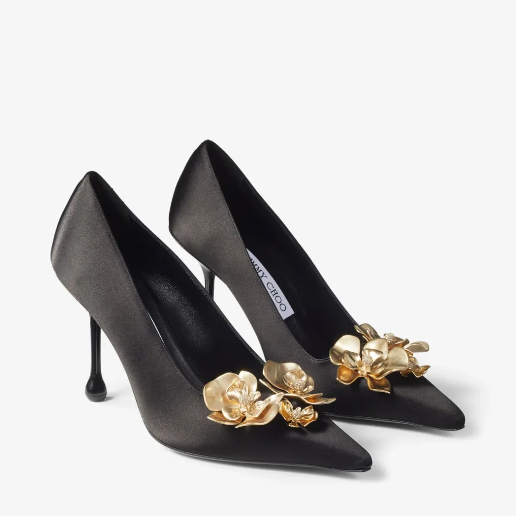 Jimmy Choo Black Satin Pumps with Flowers (38)